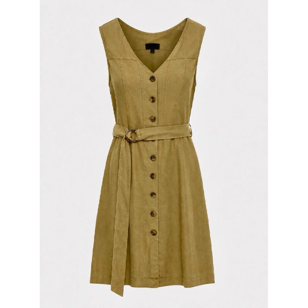Womens Button Front Dress L Utilitarian Linen Neutral Tan Earthy Minimalist Belt